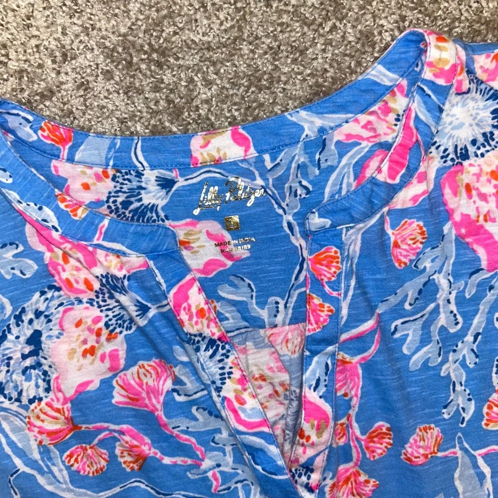 Lilly Pulitzer Floral Tank top Women Size Large Cotton V-Neck Blue Pink